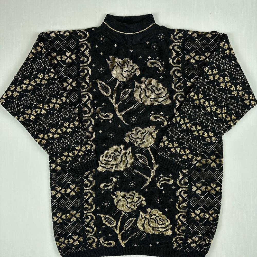 Vintage Dana Scott Women Black Gold Metallic Rose Knit Sweater Mock Neck USA